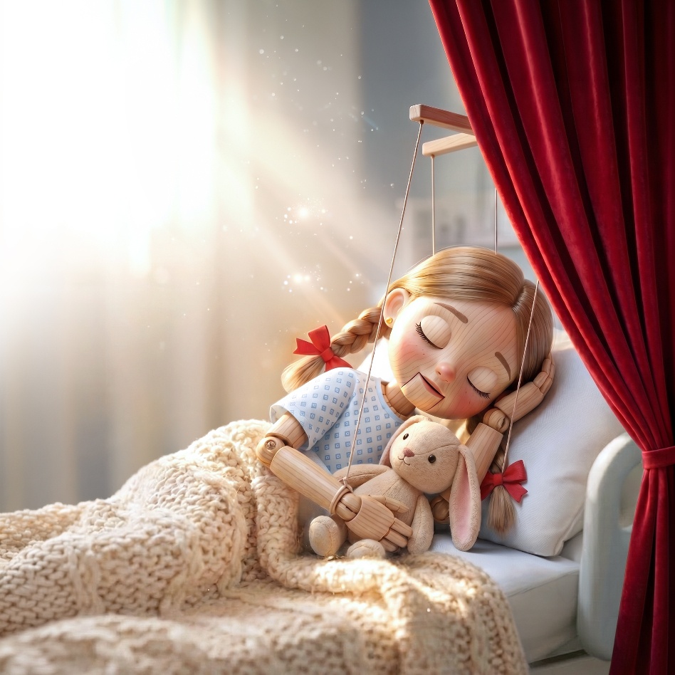 Girl marionette in hospital bed with red curtains