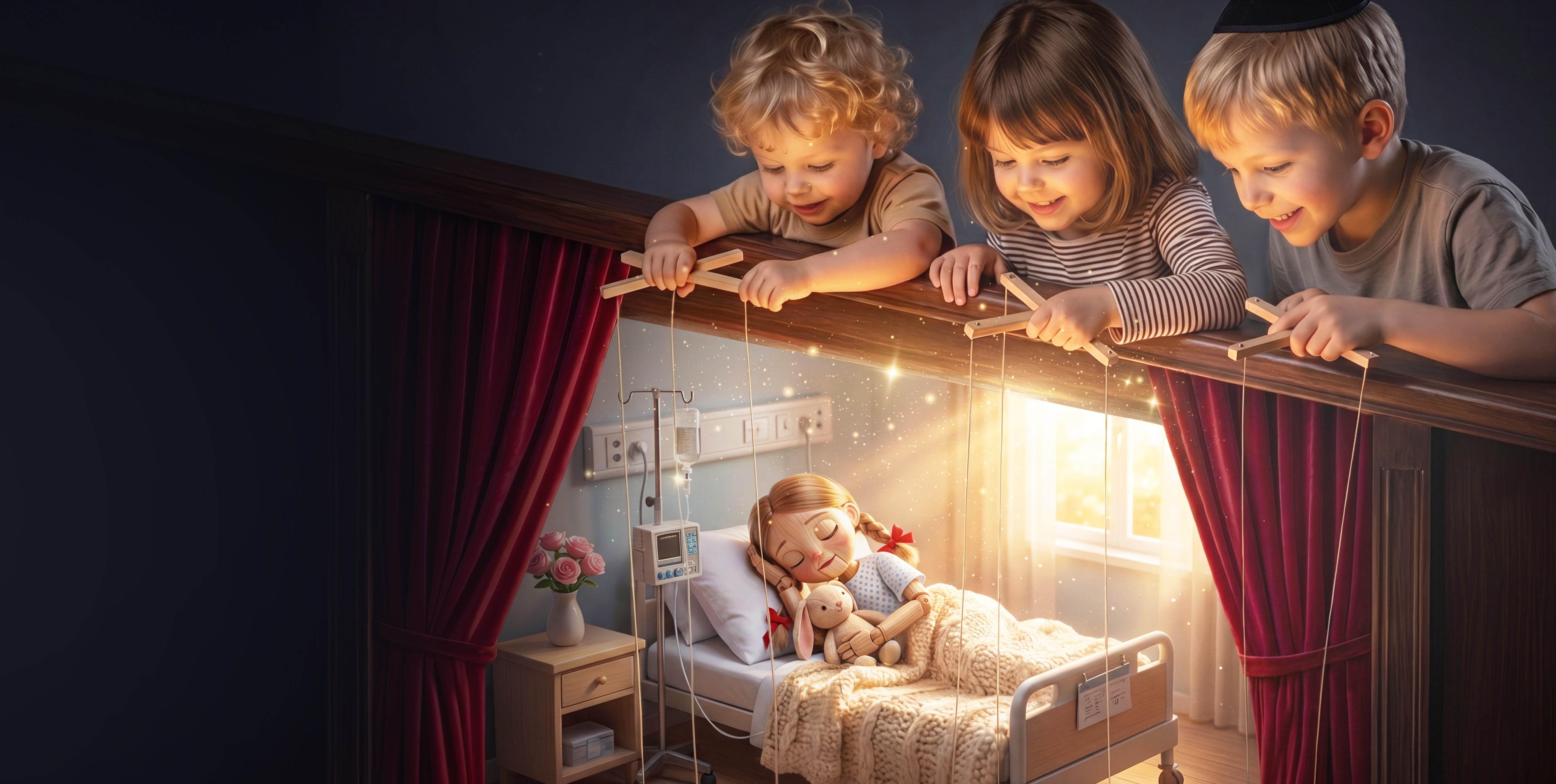 Children pulling marionette strings above a small doll in a hospital bed
